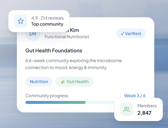 Our Wise Tribe App showing a Gut Health Foundations community with verified practitioners