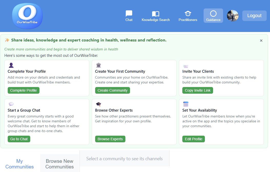 OurWiseTribe app — Practitioners view