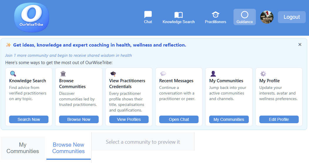 OurWiseTribe app — Health Seekers view